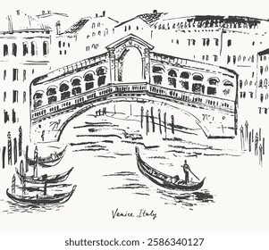 Hand drawn Venice architecture panorama urban sketch with Rialto bridge. Black ink landscape line drawing of Italy ancient city. Romantic travel background for cards and posters