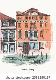 Hand drawn Venice architecture panorama urban sketch. Black ink landscape line drawing of Italy ancient city. Romantic travel background for cards and posters