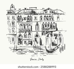 Hand drawn Venice architecture panorama urban sketch. Black ink landscape line drawing of Italy ancient city. Romantic travel background for cards and posters