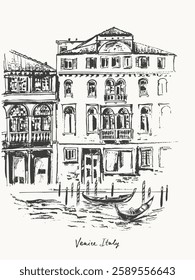 Hand drawn Venice architecture panorama urban sketch. Black ink landscape line drawing of Italy ancient city. Romantic travel background for cards and posters