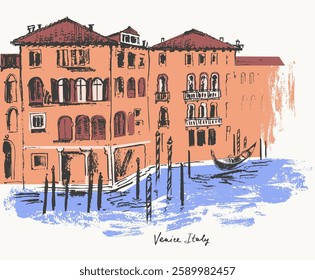 Hand drawn Venice architecture panorama urban sketch. Black ink landscape line drawing of Italy ancient city. Romantic travel background for cards and posters