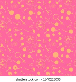 Hand drawn venus mirror symbol Yellow shape floral set Freedom sign Raised fist line Women power seamless pattern International womens day Pink background  wrapping paper Stock vector illustration