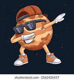 Hand drawn Venus planet character wearing brown cap, sunglasses doing dab dance, dabbing Venus 