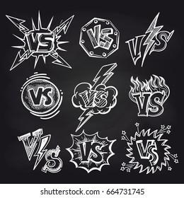 Hand drawn versus logos on blackboard background. Vector illustration