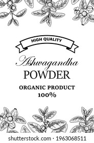 Hand drawn vertical Ashwagandha design with branches and berries isolated on white background. Vector illustration in sketch style.