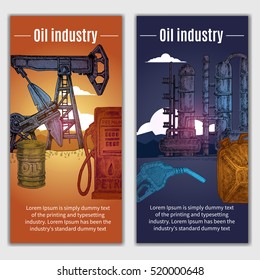 Hand drawn vertical banners set with oil industry compositions factory and derrick elements and storage vessels vector illustration