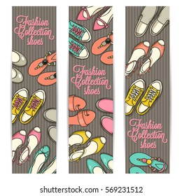 Hand drawn vertical banners set with female shoes. Spring-summer fashion collection. Sketch background for shoes shop in retro style.