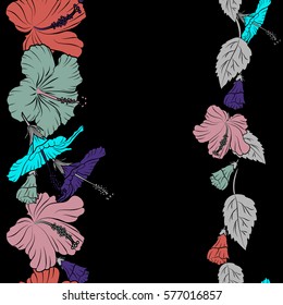 Hand drawn. Vertical hibiscus flowers with copy space in blue, violet and pink colors. Vector sketch of blue, violet and pink hibiscus flowers, blossom with leaves isolated. Watercolor painting effect