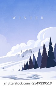 Hand drawn vertical illustrations of winter landscapes with snowy mountains and woods