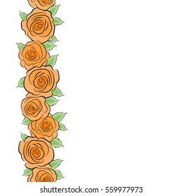 Hand drawn. Vertical seamless rose pattern with copy space (place for your text). Sketch with orange and green flowers.