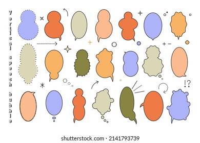 Hand drawn vertical speech bubble set. Cute comic frames, ballons, communication elements for decoration in sketch doodle style. Color vector illustration isolated on white background