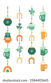 Hand drawn vertical St. Patrick’s Day garlands with beer mugs, shamrocks, horseshoes, leprechaun, pots of gold, and festive decorations. Perfect for party decor, greeting cards, posters and invitation