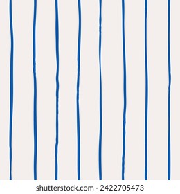 Hand drawn vertical striped pattern. Blue lines on white background. Thin stripes. Irregular lines design. Graphic print fashion trend 2024