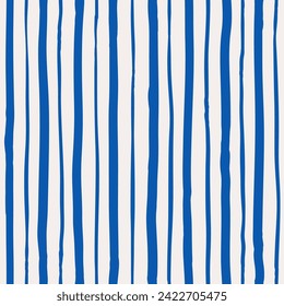 Hand drawn vertical striped pattern. Blue lines on white background. Thin and thick stripes. Irregular lines design. Graphic print fashion trend 2024