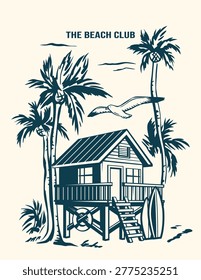 Hand drawn vertical summer ocean poster. Monochrome wall art featuring a beach hut with surfboards, palm trees, seagull, and tropical coast scenery. Perfect for beach club decor.