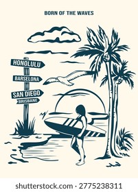 Hand drawn vertical summer ocean poster. Monochrome wall art graphic of a surfer girl at the beach with directional signs to San Diego, Honolulu, Barcelona, and Brisbane.
