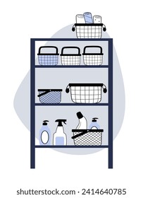 Hand drawn Vertical tidying up storage. Shelf storage. Neatly folded bed sheets in the metal black baskets for wardrobe. Vector line doodle Illustration for background, poster, frame.