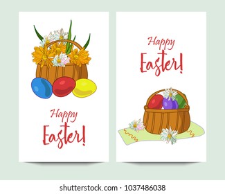 Hand drawn vertical vector banners with colored eggs, basket on white background.