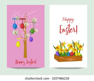 Hand drawn vertical vector banners with colored eggs, easter tree, basket on white background.