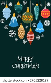 Hand drawn vertical vector illustration with Xmas decorations on violet background. Merry Christmas card in flat cartoon style. 