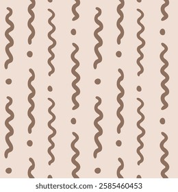 Hand drawn vertical worm lines and dots forming organic stripes pattern in color palette of brown on cream background. Simple geometric seamless vector pattern. Great for home decor, fabric, wallpaper