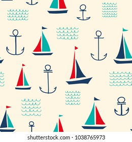 Hand Drawn Vessel Seamless Pattern with Multicolored Yachts, Anchors and Waves