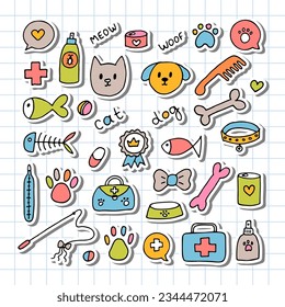 Hand drawn vet icons. Pet shop or store concept. Caring for animals dogs, cats. Pets stuff and supply set. Vector illustration