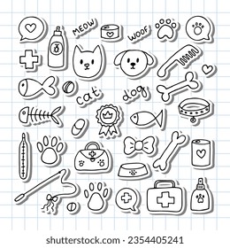 Hand drawn vet icons. Pet shop or store concept. Caring for animals dogs, cats. Pets stuff and supply set. Vector illustration