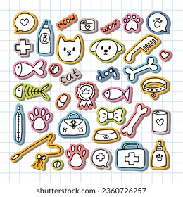 Iconos de veterinaria dibujados a mano. El concepto de tienda o tienda de mascotas. Cuidando a los animales perros, gatos. Las mascotas y el conjunto de suministros. Ilustración del vector