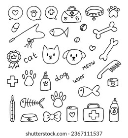 Hand drawn vet icons. Pet shop or store concept. Caring for animals dogs, cats. Pets stuff and supply set. Vector illustration