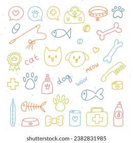 Iconos de veterinaria dibujados a mano. El concepto de tienda o tienda de mascotas. Cuidando a los animales perros, gatos. Las mascotas y el conjunto de suministros. Ilustración del vector