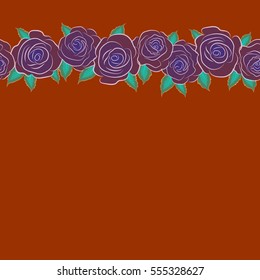 Hand drawn $VH vector seamless pattern - violet, neutral and orange roses with petals. Floral background with stylized roses with copy space (place for your text).
