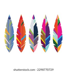 Hand drawn vibrant color feather set. Mode style. illustration isolated on white. Bird feather design for T-shirt, invitation, wedding card. Rustic feathers Bright colors. Seamless pattern.