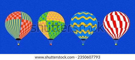 Hand drawn vibrant color and pattern hot air balloon set isolated on dark blue background.