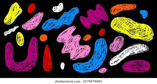 Hand drawn vibrant colorful chalk crayon doodles on a chalkboard abstract grunge sketch scribble doodle collection.