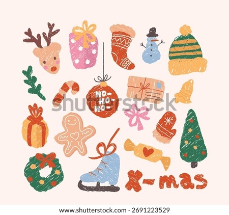 Hand drawn vibrant New Year and Christmas elements with rich texture appearance of colored chalk. Childish xmas attributes with celebratory spirit, joyful holiday anticipation vector illustration