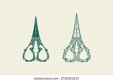 Ilustraciones de tijeras victorianas dibujadas a mano Shilouette y estilo de contorno