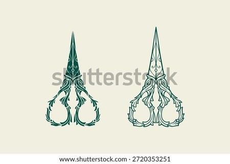 hand drawn victorian scissors illustrations shilouette and outline style