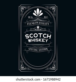 Hand drawn victorian scotch whiskey label with lettering for pub. Premium vintage alcohol frame for drink bottles in bar menu.