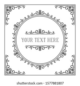 Hand drawn Victorian squared frame with ornate corners and borders.  Vector isolated elegant pattern. Classic wedding invitation template.