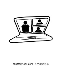 hand drawn video conference with laptop for meeting or online learning illustration. doodle vector