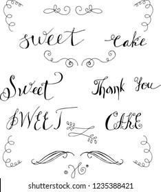 Hand drawn vignettes, words - cakes, thank you. Flourish. 