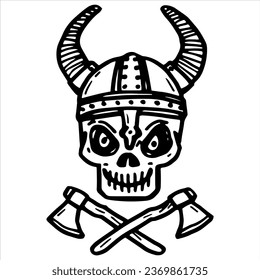 Hand drawn viking skull with axe vector illustration. Outline ink sketch. Sticker, icon, tattoo, print