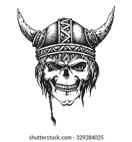 Hand drawn Viking skull in horned helmet. Vector illustration