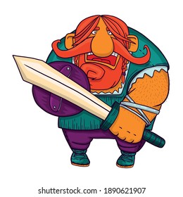 Hand drawn viking with sword and shield: emoji, symbol, icon or mascot
