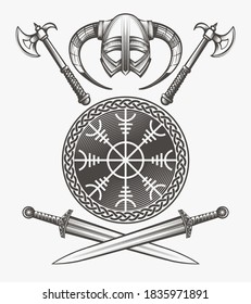 Hand Drawn Viking Weapons Set. Sword axe shield and helmet in engraving style. Vector illustration.