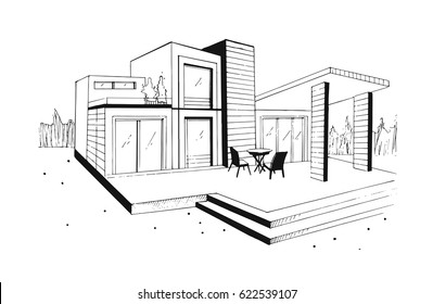 Hand drawn villa. modern private residential house. black and white sketch illustration.