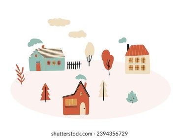 Hand drawn village with cute houses and trees, vector flat illustration. Colorful cozy buildings with smoke from the chimney. Cottage or villa surrounded by autumn plants.