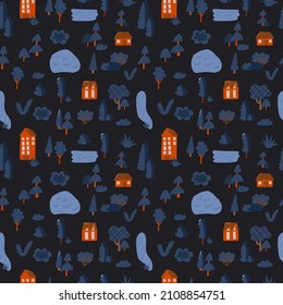 Hand drawn village elements seamless pattern for kid. Lake, house, abstract tree forest illustration. Children scandinavian vector dark background. Cartoon city wrapping paper print design
