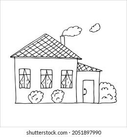 Hand drawn village house, single doodle element, picture for coloring.